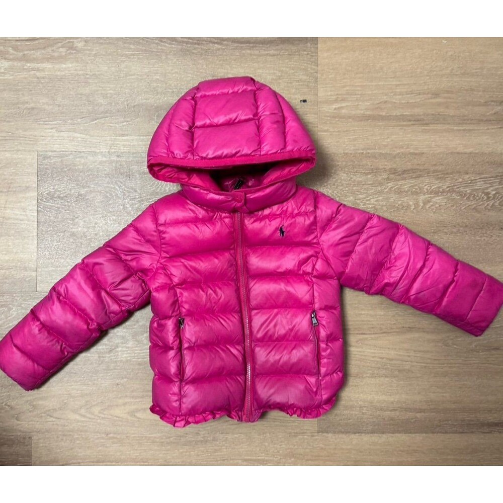 Polo Ralph Lauren Girls Pink Down Puffer Quilted Jacket Hooded Coat Sz 5 Small